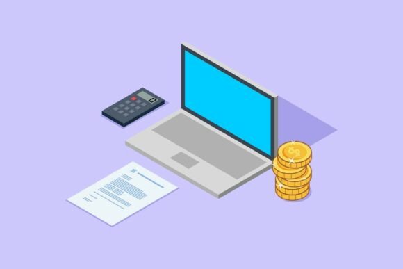 Isometric Laptop Calculator Coins Graphics for Illustrations