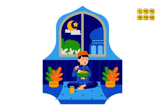 Man Eating Meal During Ramadan Night Graphics & Illustrations