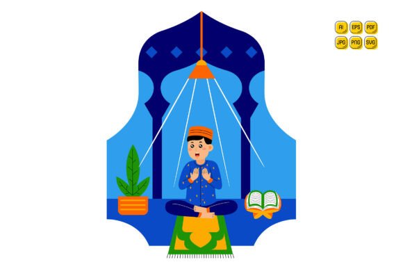 Man Praying on Prayer Mat with Quran Graphics and Illustrations Review