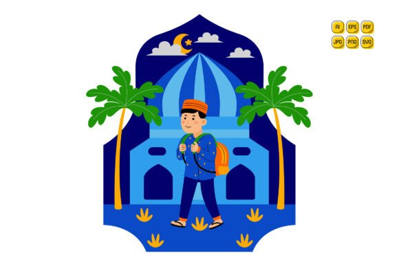 Man Walking Towards Mosque with Backpack: Graphics & Illustrations Review