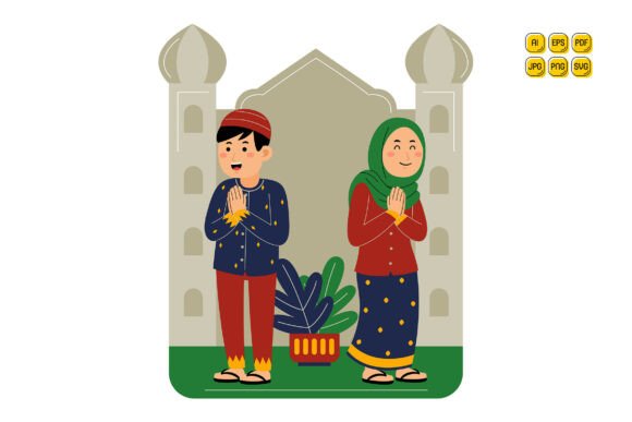 Muslim Couple Greeting at Mosque Vector Graphics and Illustrations Review