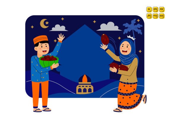 Muslim Couple Sharing Dates at Night Graphics & Illustrations Review