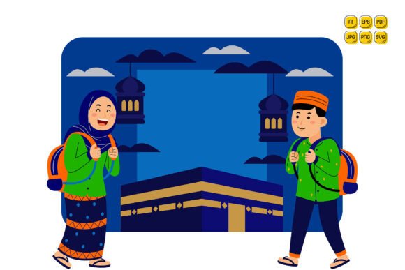 Muslim Couple Visiting Kaaba: Premium Graphics and Illustrations