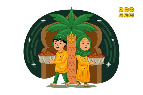 Muslim Man Woman Holding Bowl of Dates Graphics and Illustrations
