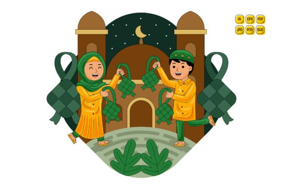 Muslim Man Woman Holding Ketupat Graphics and Illustrations Review
