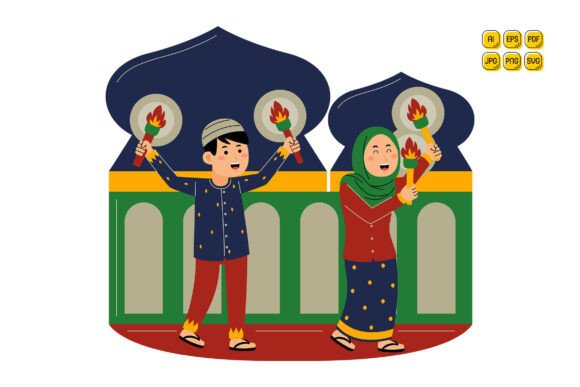 Muslim Young Couple Holding Torches: Graphics for Modern Editorial