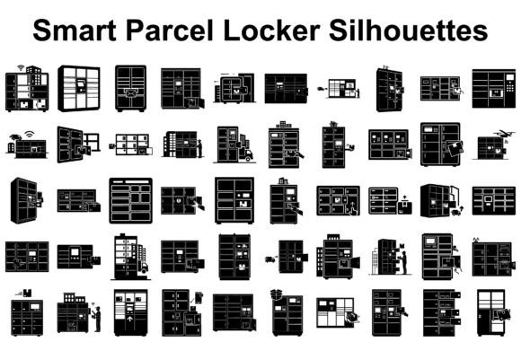 Smart Parcel Locker Silhouettes: Modern Graphics & Illustrations