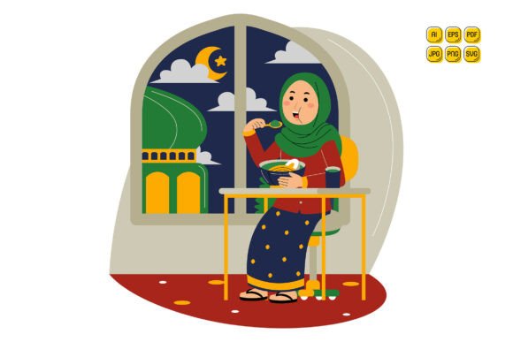 Woman Eating Meal During Ramadan Night Graphics & Illustrations