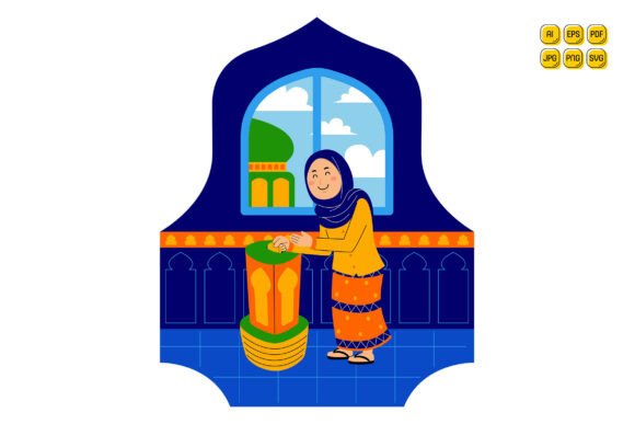 Woman Muslim Gives Money in Donation Box: Graphics & Illustrations for Local Brands