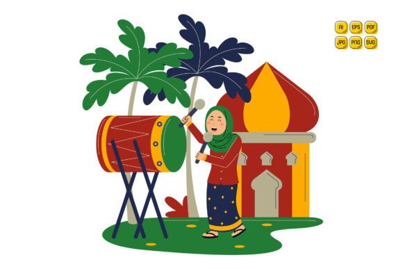 Woman Muslim Playing Drum at Mosque: Graphics & Illustrations Review